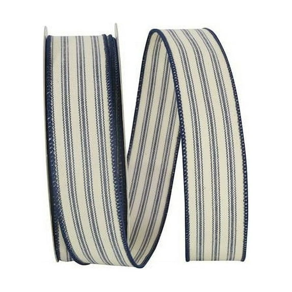 Reliant Ribbon - 93424W-055-09H, Ticking Linen Stripe Wired Edge Ribbon, Navy, 1-1/2 Inch, 20 Yards