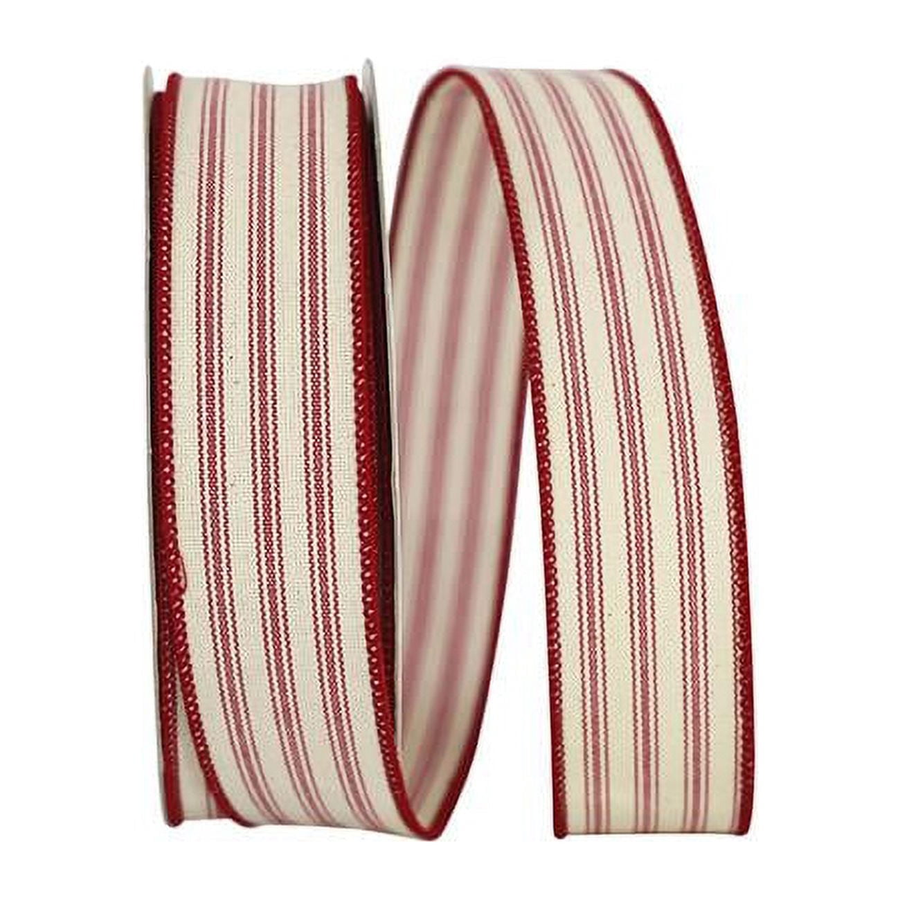 Reliant Ribbon - 93424W-065-09H, Ticking Linen Stripe Wired Edge Ribbon, Red, 1-1/2 Inch, 20 Yards