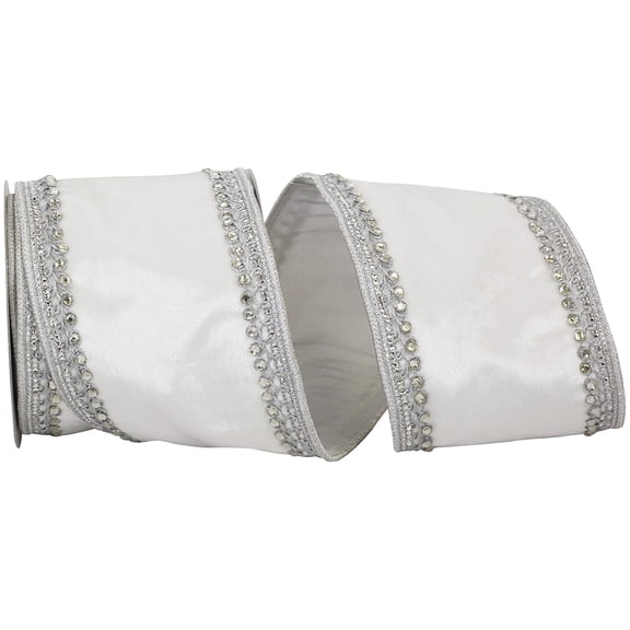 Reliant Ribbon - 93440W-981-10D, Plush White Velvet Silver Jewel Edge Tri Ribbon, White/silver, 4 Inch, 5 Yards