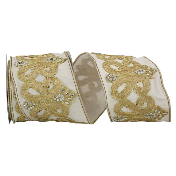 Reliant Ribbon - 93441W-810-10D, Dupioni Regal Trim Jewel Scroll Emb Ribbon, Ivory, 4 Inch, 5 Yards