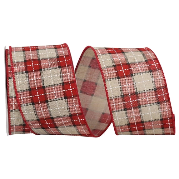 Reliant Ribbon - 93489W-663-40F, Stitched Linen Plaid Lauren Natural Wire Ribbon, Red/natural, 2-1/2 Inch, 10 Yards