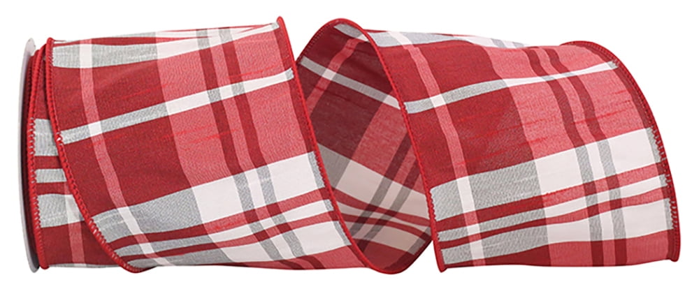 Red and White Plaid Sparkle Wired Edge Ribbon, 4 Inch x 10 Yards