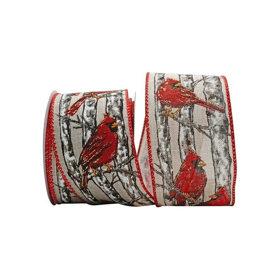 Reliant Ribbon - 93519W-756-40F, Cardinal Perch Linen Natural Wired Edge Ribbon, Natural/red, 2-1/2 Inch, 10 Yards
