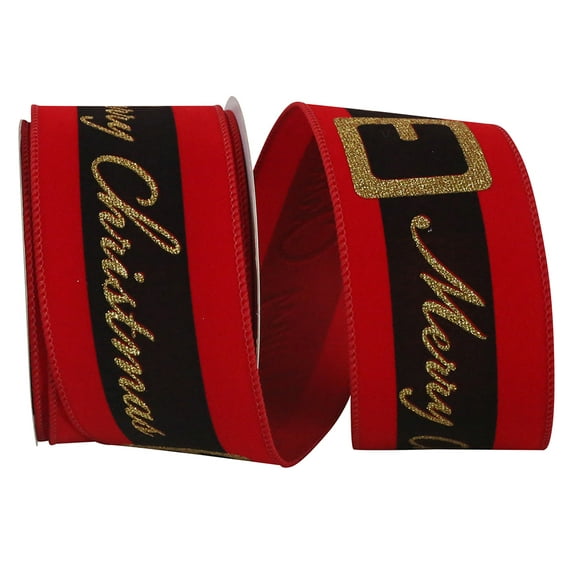 Reliant Ribbon - 93536W-065-40F, Merry Christmas Santa Belt Velvet Wired Ribbon, Red, 2-1/2 Inch, 10 Yards