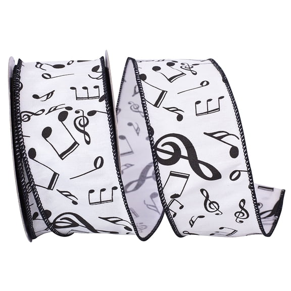 Reliant Ribbon - 93546W-982-40H, Musical Notes Dupioni Wired Edge Ribbon, White/black, 2-1/2 Inch, 20 Yards