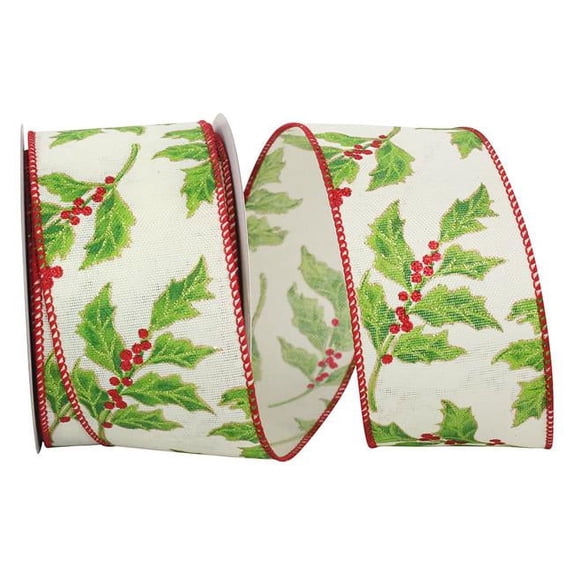 Reliant Ribbon 93553W-592-40F 2.5 in. 10 Yards Glitter Holly Berry Exquisite Wired Edge Ribbon, Green & Red