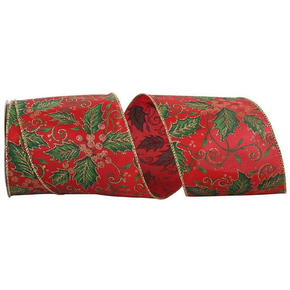Reliant Ribbon 93557W-985-10F 4 in. 10 Yards Holly Leaf Glitter Satin Wired Edge Ribbon, Red & Green