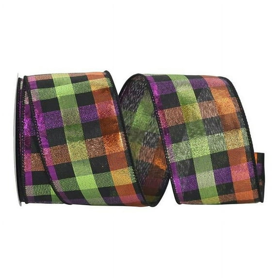 Reliant Ribbon - 93573W-001-40F, Midnight Metallic Plaid Check Wired Edge Ribbon, Multi, 2-1/2 Inch, 10 Yards