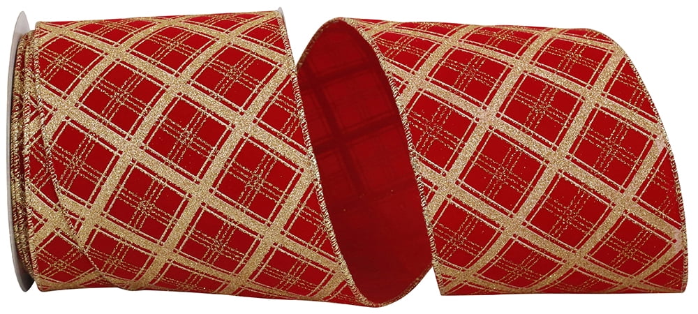 Reliant Ribbon - 93590W-994-10F, Lattice Glitter Velvet Wired Edge Ribbon, Red/gold, 4 Inch, 10 Yards