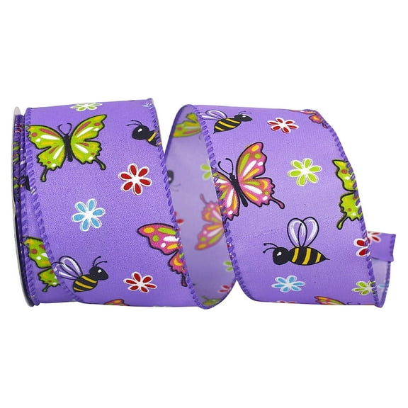 Reliant Ribbon - 93617W-064-40F, Butterfly And Bees Bright Wired Edge Ribbon, Purple, 2-1/2 Inch, 10 Yards