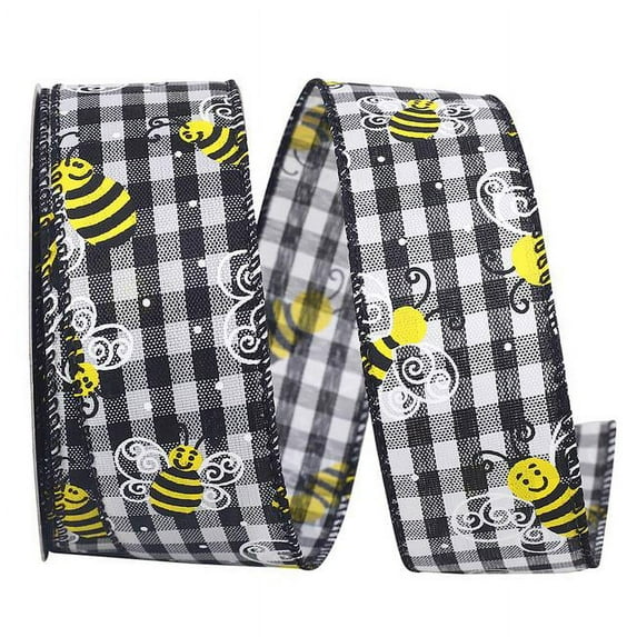 Reliant Ribbon 93618W-984-09H 10.5 in. 20 Yards Bumble Bee Gingham Check Wired Edge Ribbon, Black & White