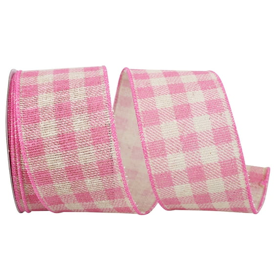 Reliant Ribbon - 93639W-061-40F, Gingham Hopsack Twill Wired Edge Ribbon, Pink, 2-1/2 Inch, 10 Yards