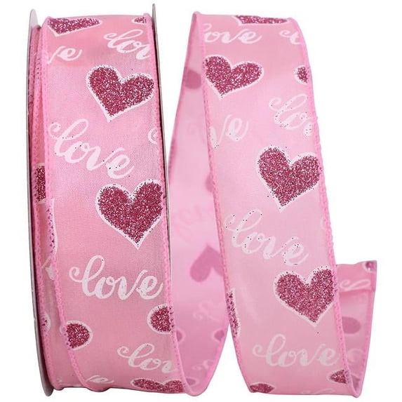 Reliant Ribbon 93777W-061-09H 1.5 in. 20 Yards Glitter Hearts Love Wired Edge Ribbon, Pink