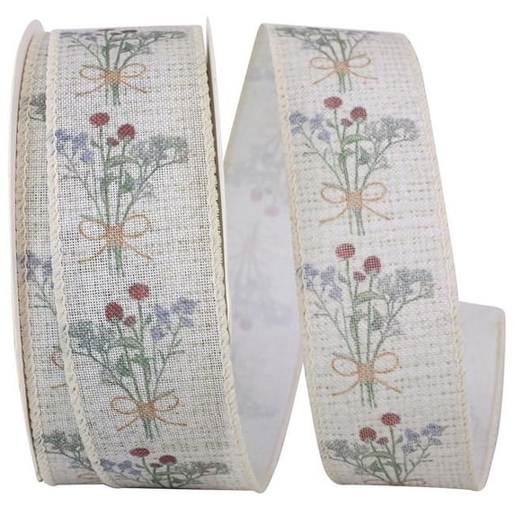 Reliant Ribbon 93816-750-09J 1.5 in. 25 Yards Dainty Floral Bouquet Linen Ribbon, Natural