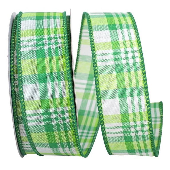 Reliant Ribbon 93834W-044-09H 1.5 in. 20 Yards Plaid Linen Emerald Forest Wired Edge Ribbon, Green