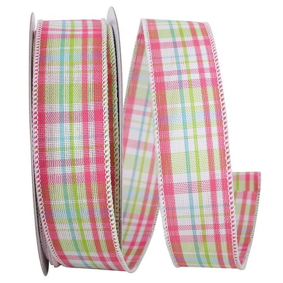 Reliant Ribbon 93835W-720-09H 1.5 in. 20 Yards Bright Plaid Linen Wired Edge Ribbon, Watermelon