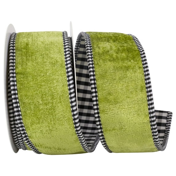 Reliant Ribbon - 93903W-042-40D, Velvet Plush Gingham Backed Wired Edge Ribbon, Apple Green, 2-1/2 Inch, 5 Yards