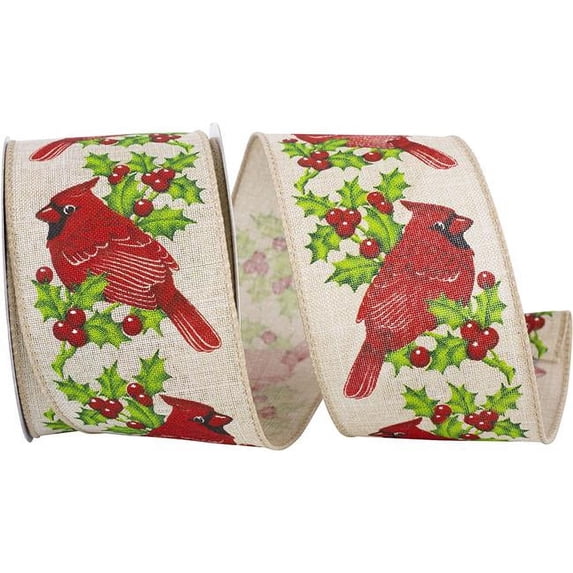 Reliant Ribbon 93966W-750-40F 2.5 in. 10 Yards Cardinal Holly Natural Wired Edge Ribbon, Natural