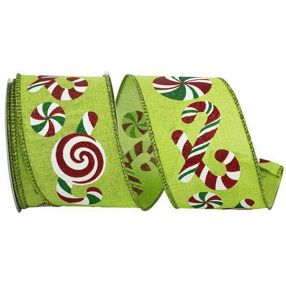 Reliant Ribbon 93985W-204-40F 2.5 in. 10 Yards Peppermints & Candy Cane Sundry Linen Wired Edge Ribbon, Lime