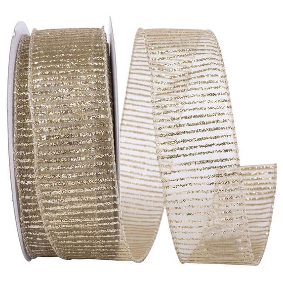 Reliant Ribbon 94025W-901-09H 1.5 in. 20 Yards Glitter Petite Bars Sheer Wired Edge Ribbon, Champagne