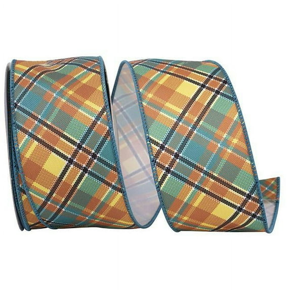 Reliant Ribbon 94039W-913-40F 2.5 in. 10 Yards Plaid Nelson Diagonal Wired Edge Ribbon, Turquoise