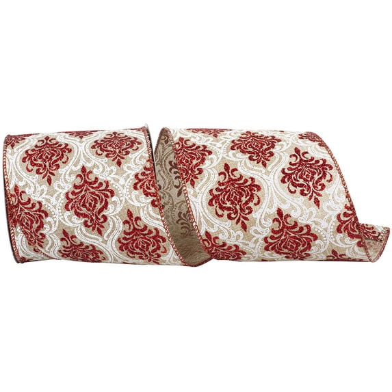 Reliant Ribbon - 94234W-756-10F, Ribbon, Natural/red, 4 Inch, 10 Yards