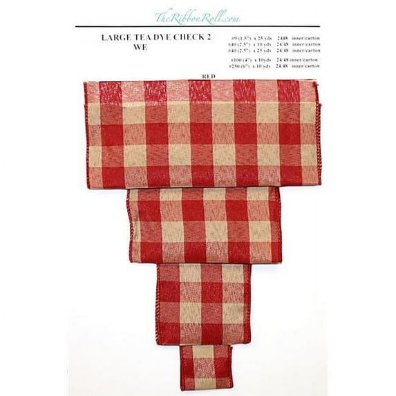 Reliant Ribbon - 97852W-065-10F, Tea-dye Check 2 Lg Wired Edge Ribbon, Red, 4 Inch, 10 Yards