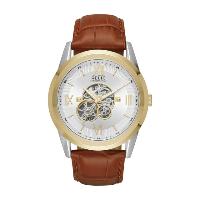 Relic by Fossil Men's Blaine Automatic TwoTone and Brown Leather Skeleton Watch