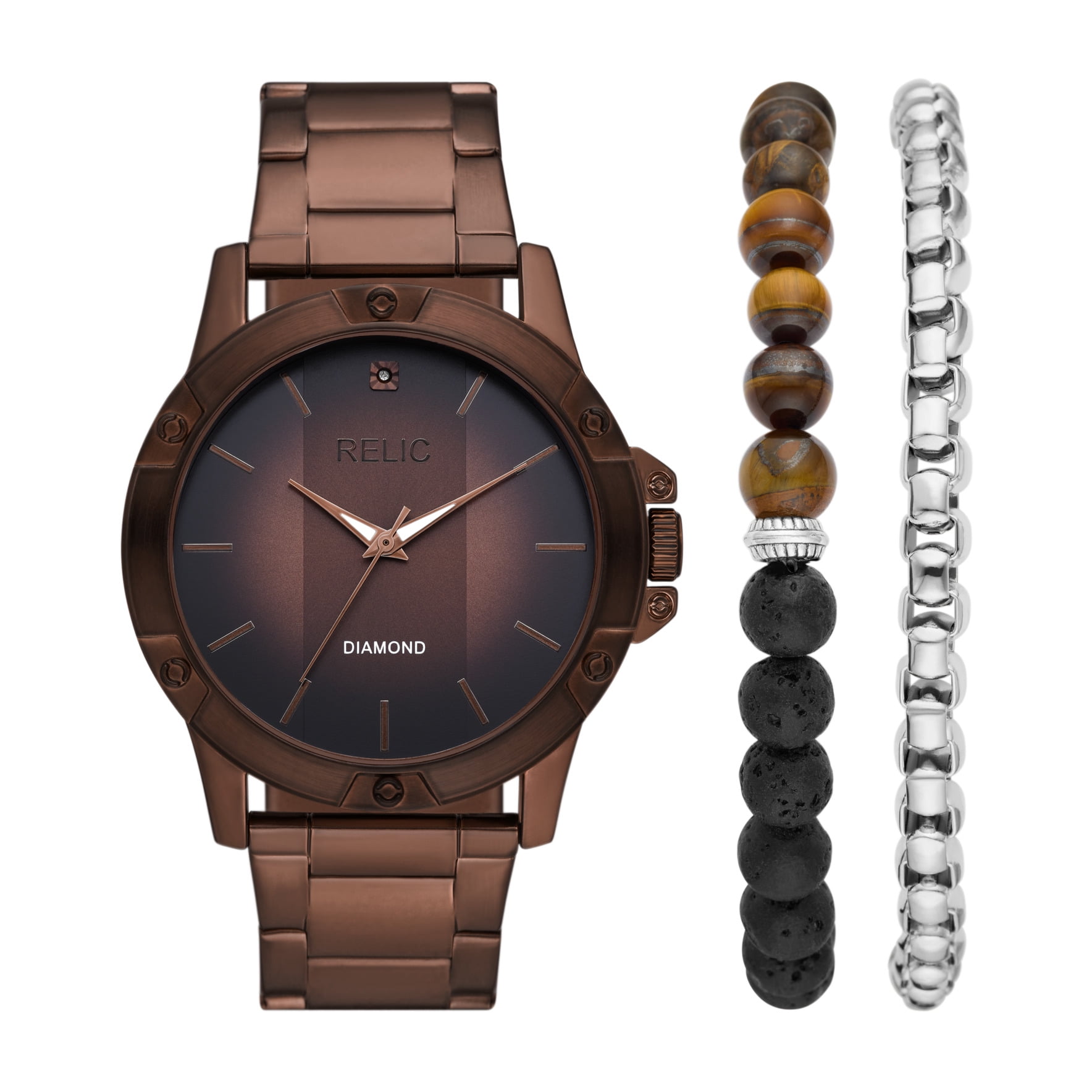 Relic Fossil Mens Rylan Brown Metal with Diamond Accent Gift Set Bracelet Accessories - Walmart.com