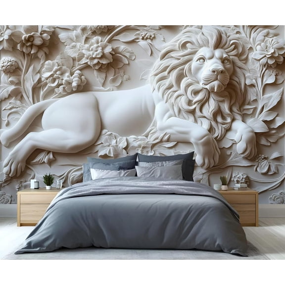 Relief Animal Lion Wall Mural, Stereo Relief Flower 3D Wallpaper, Nordic Modern Art Wall Sticker Wall Decor For Bedroom Living Room Children's Room 118"W x 83"H (Not Peel and Stick)