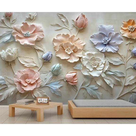 Relief Colored Flowers Wall Mural, Stereo Branches Wallpaper, Nordic Modern Luxury Art Large Poster Wall Sticker For Bedroom Living Room Office 158"W x 110"H (Not Peel and Stick)