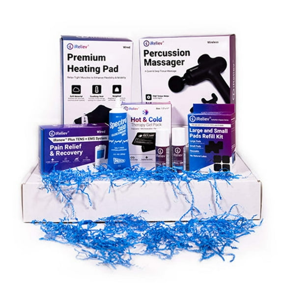 Relief, Relaxation & Massage Gift Box by iReliev with Percussion Massager | TENS Unit + Electrodes Refill Kit + Conductive Gel | Weighted Heating Pad | (2) Pain Gel | Hot & Cold Pack with Straps