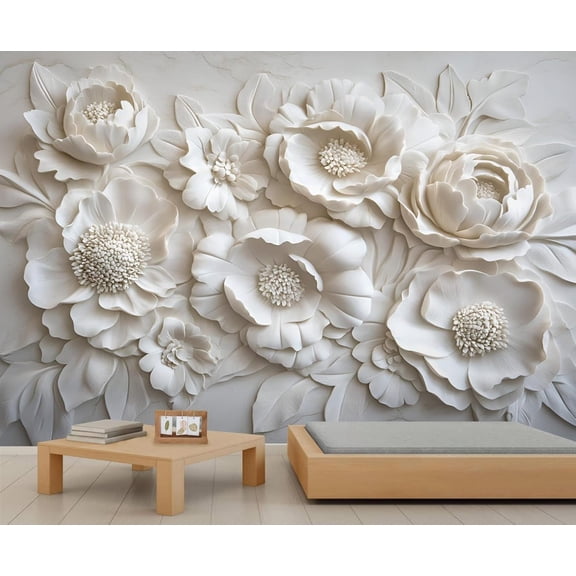 Relief White Peony Flowers Wall Mural, Stereo Flowers Wallpaper, Nordic Modern Luxury Art Custom Photo Wallpaper Wall Decals For Bedroom Living Room 59"W x 39.4"H (Not Peel and Stick)
