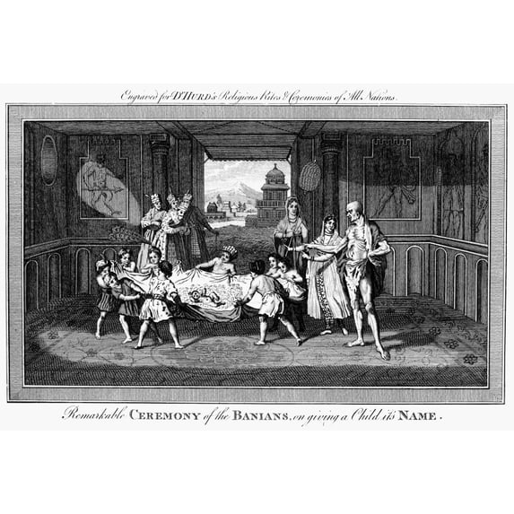 Religion Banian Ceremony. N'Remarkable Ceremony Of The Banians On Giving A Child Its Name.' Line Engraving English