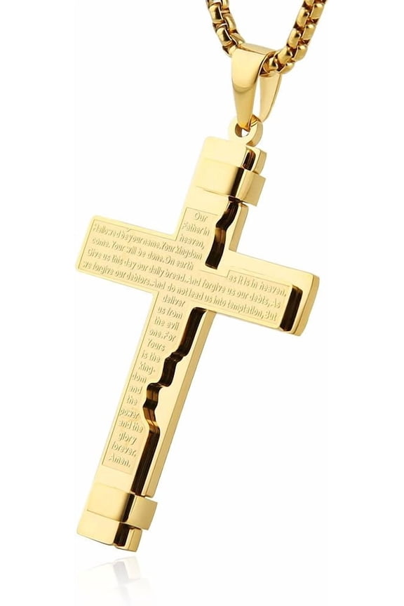 Religion Cross Lord's Prayer Stainless Steel Pendant Necklace Rolo Cable Wheat Chain