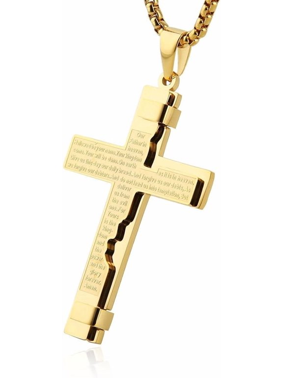 Religion Cross Lord's Prayer Stainless Steel Pendant Necklace Rolo Cable Wheat Chain