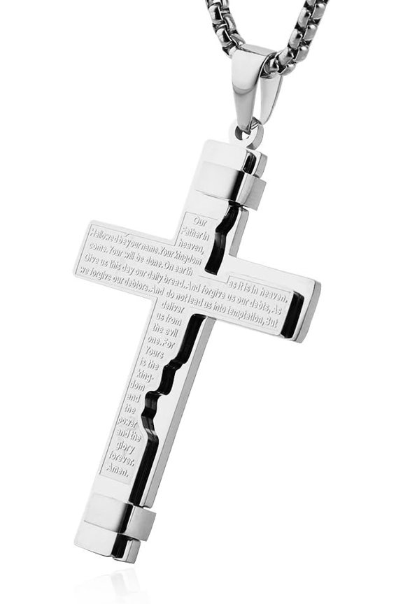 Religion Cross Lord's Prayer Stainless Steel Pendant Necklace Rolo Cable Wheat Chain