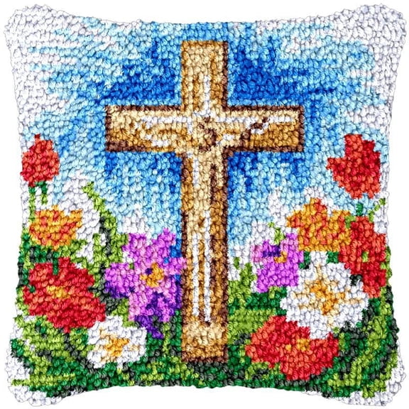 Religion Flower Cross Latch Hook Pillow Cover Kits for DIY Handmade Throw Pillow Cross Stitch Latch Hook Pillowcase Rug Cushion Kits with Preprinted Canvas Crochet Yarn Kits Needlework 17'' X 17''