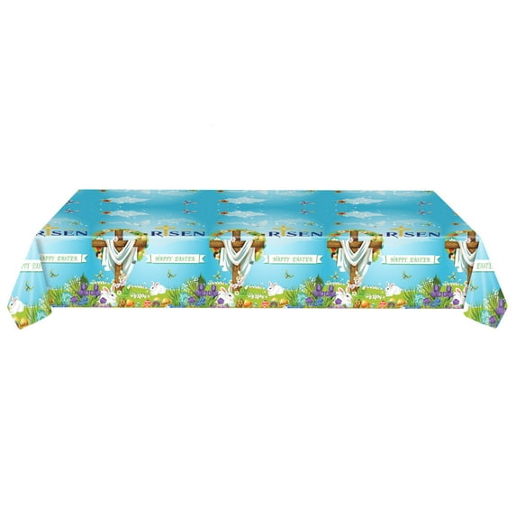 Religions Christian Easter Plastic Tablecloth, Jesus Christian He is Risen Disposable Table Cover for Easter Spring Party Favors Supplies, 54x108in