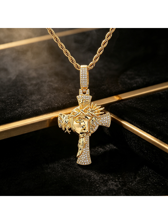 Jesus Face Cross Religious Pendant Necklace For Men Women, 14K Gold Filled Clean Silhouette Sophisticated Timeless Craft Jewelry