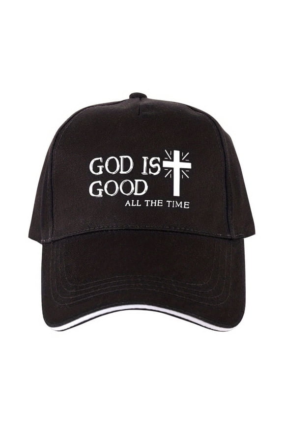 Religious Baseball Cap Black Polyester GOD IS GOOD Baseball Cap for Men Casual Trucker Hat with Cross & "All The Time" Design, Adjustable Snapback Closure, White Lettering Fishing, Camping, Spo