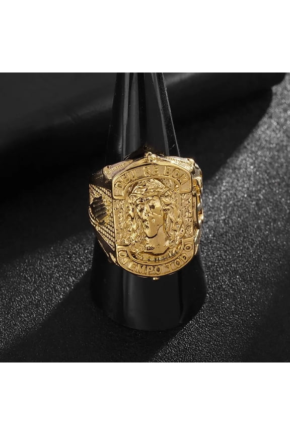 Religious Belief YS Portrait Fe Letter Prayer Rings 14K Yellow Gold Men's Personality Hip-hop Ring Fashion Jewelry