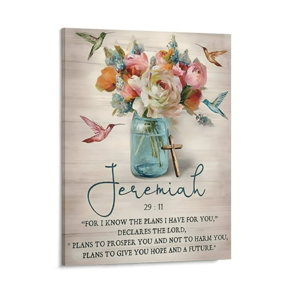 Religious Bible Verse Canvas Print, Rustic Floral Flower Design with Hummingbird Artwork, Poster Wrapped Wooden Frame Wall Decor,,Canvas Wall Art for Living Room,Bedroom,Office,Ready to Ha