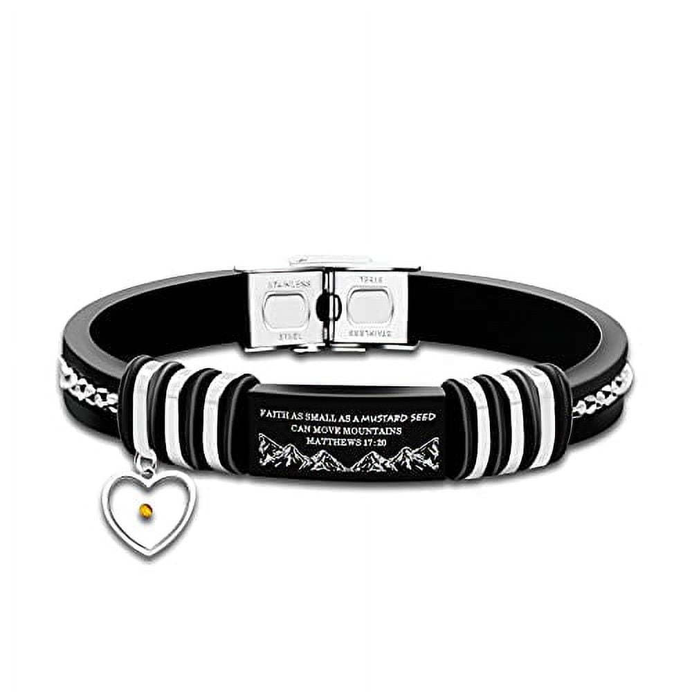 Religious Black Leather Cuff Bracelet for Men Women Christian Bracelet Gift Engraved Faith Small