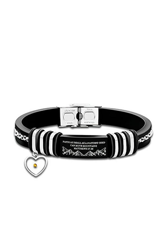 Religious Black Leather Cuff Bracelet for Men Women Christian Bracelet Gift Engraved Faith Small AS A Mustard Seed Can Move Mountains Matthew 17:20