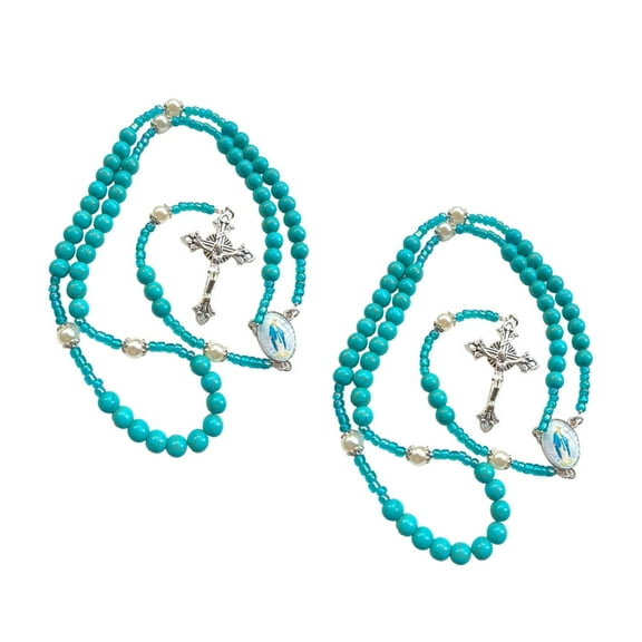 Religious Blue Beads Turquoise Rosary Necklace with Metal Crosses Pendant Perfect for Communion and Spiritual Reflection