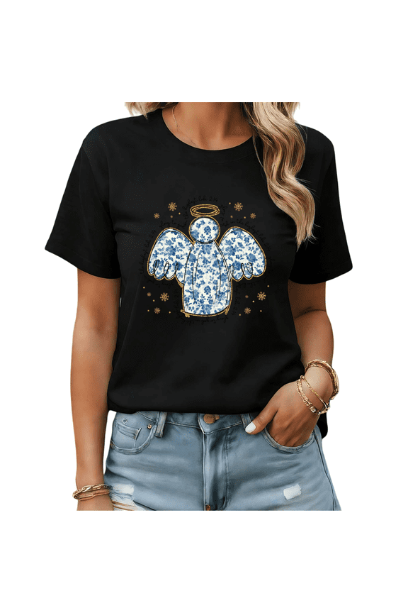 Religious Blue Porcelain Angel Graphic Tees Womans T shirt Shirts Black White S-5XL Tops