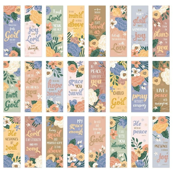 Religious Bookmarks / 2" x 6" Motivational Paper Bookmark Set / 24 Christian Verses Page Marker Designs / Bible Study Bookmarks / Made In The USA