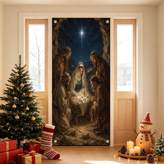Religious Christmas Door Cover,70"X35" Jesus Themed Banner Backdrop for Home Church Farmhouse Indoor Outdoor Holiday Party Decor