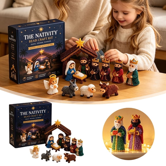 Religious Christmas Nativity Manger 3D Bead Craft Kit Complete Handcraft Supplies Set Create Full Holy Family Animal Figurines Holiday Seasonal Tabletop Decor